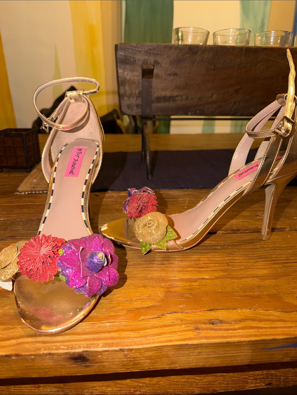 Betsey Johnson Gold Floral Appliqué Ankle-Strap Heels